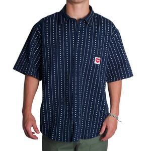 Carhartt WIP Drewe Shirt Short Sleeve Button Front Navy Blue Hearts Cotton Large